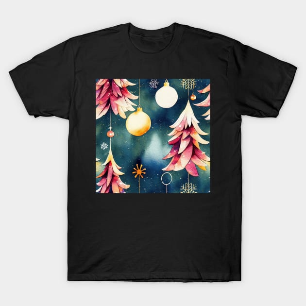 Multi-color Rainbow Watercolor Christmas Trees with Stars and Ball Ornaments T-Shirt by VintageFlorals